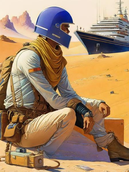 00703-2995597424-a painting of a man in a helmet sitting in the desert with a ship in the background by Moebius Jean Giraud.png